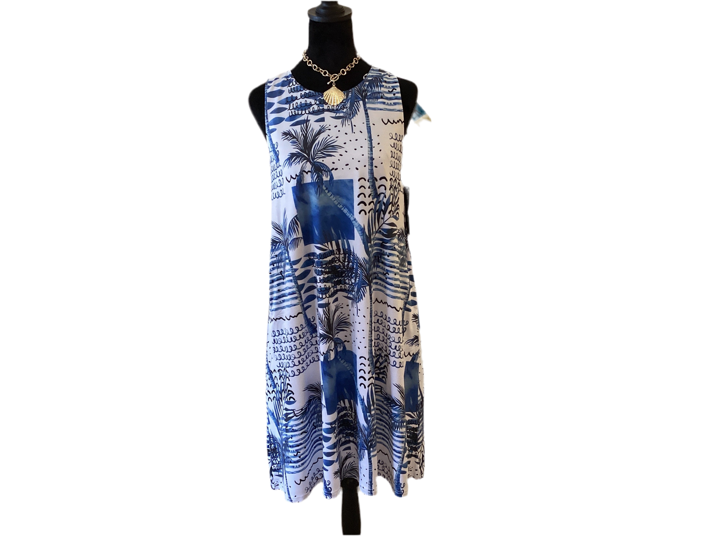 Tango Mango White with blue tropical print sleeveless dress w/pockets
