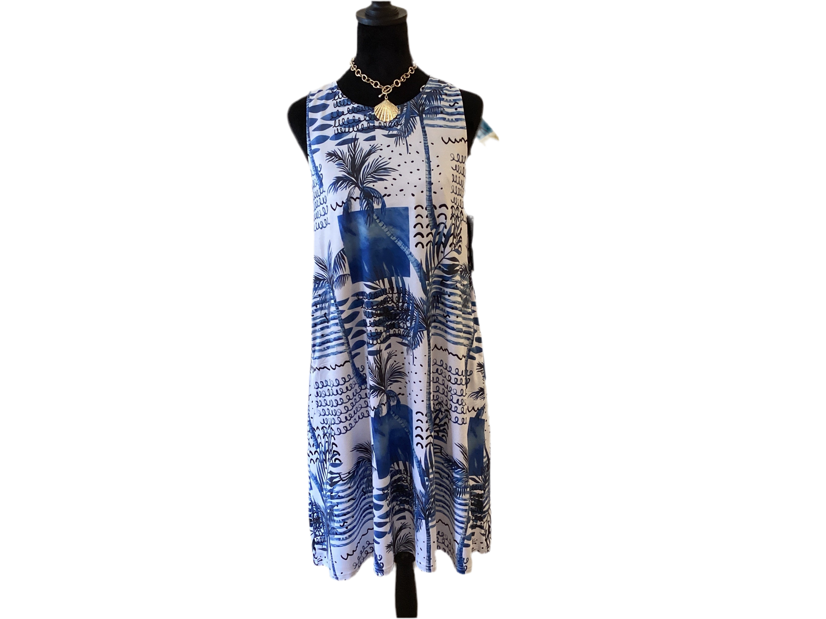 Tango Mango White with blue tropical print sleeveless dress w/pockets