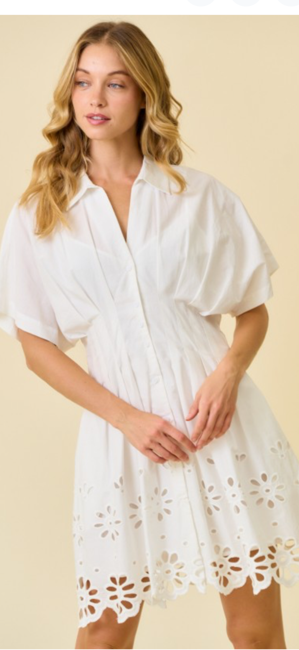 Doe and Rae white scalloped embroidered waist defining pleated shirt dress