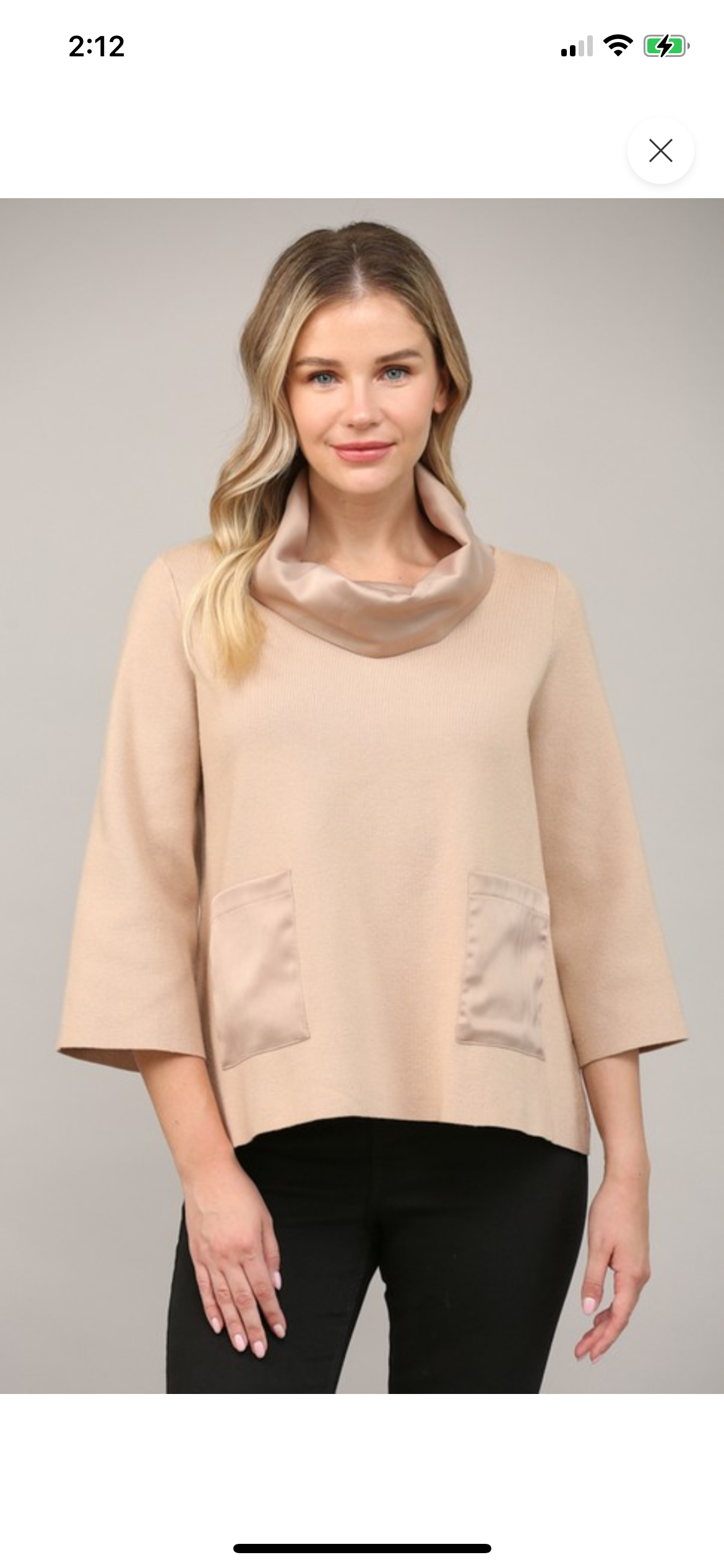 Taupe satin cowl neck with bell sleeve