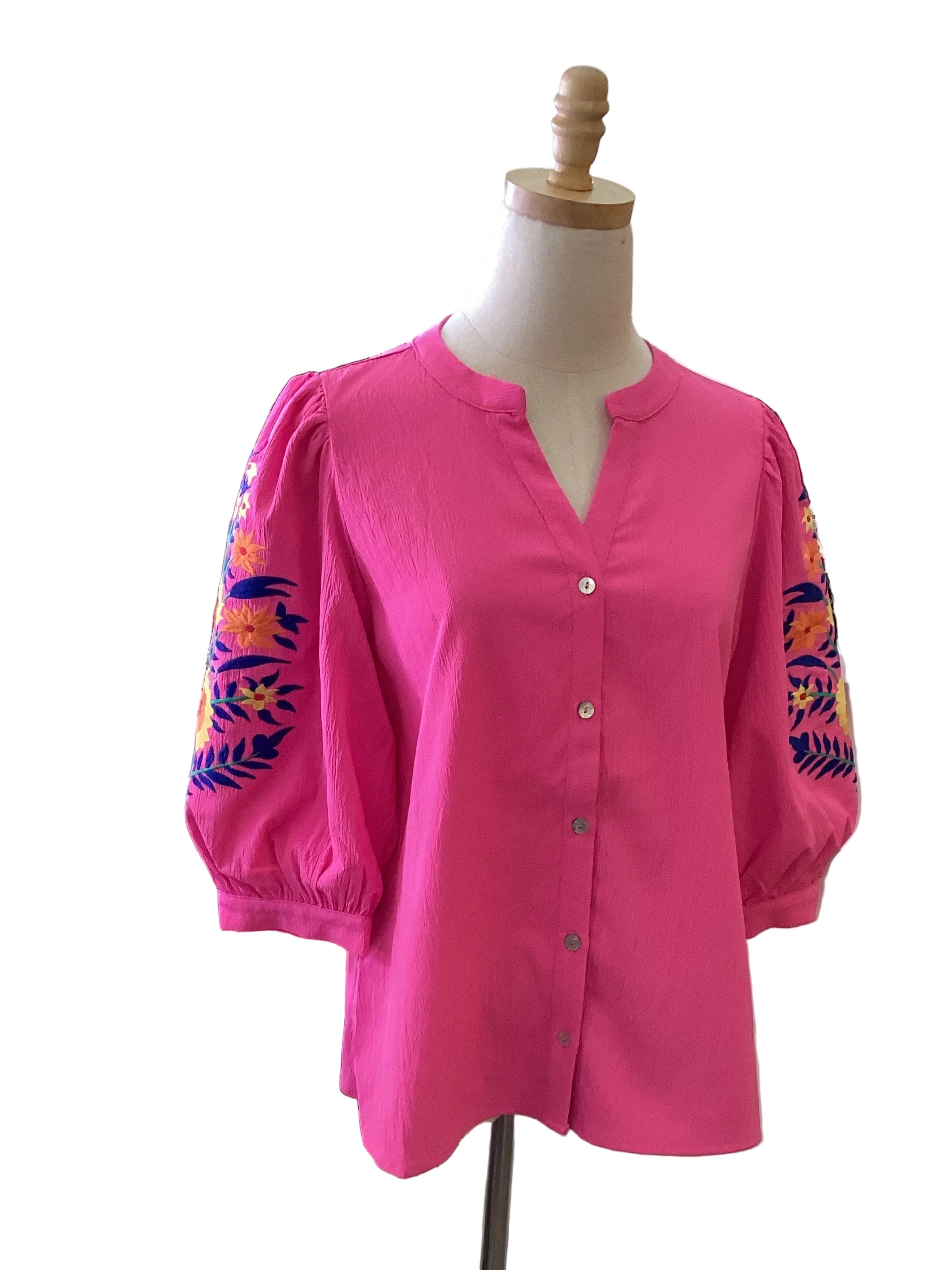 Jodifl hot pink cotton v neck button down top with embroidered puff sleeve
