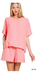 Zenana Pink Cuffed Short Sleeve Short Set