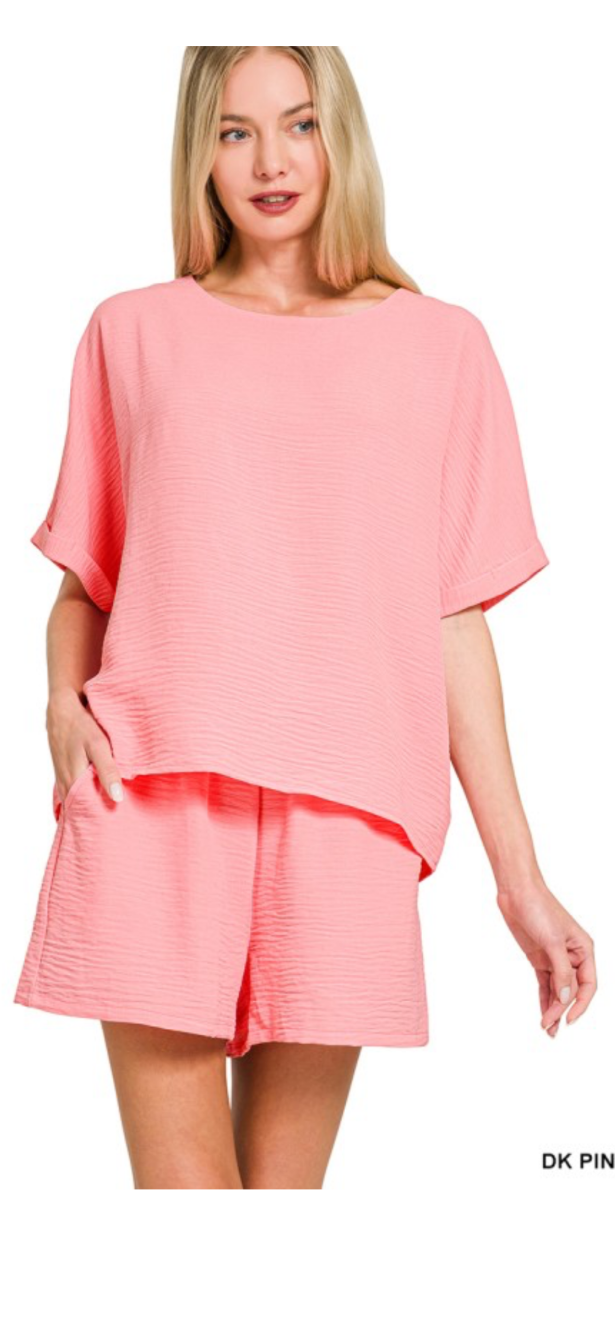 Zenana Pink Cuffed Short Sleeve Short Set