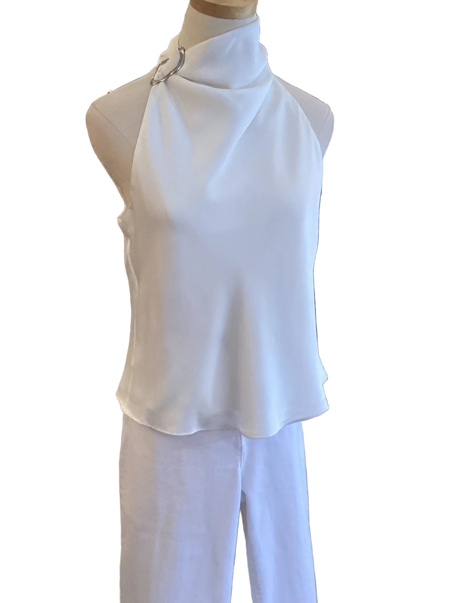 Glam white halter satin top with metal trim detail