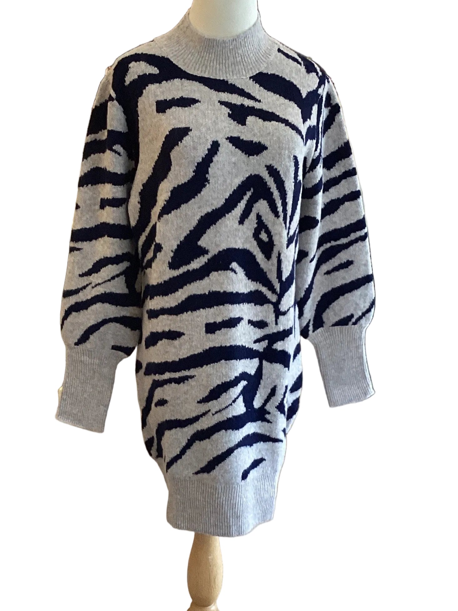 Gigio gray/navy zebra print sweater dress with mock neck