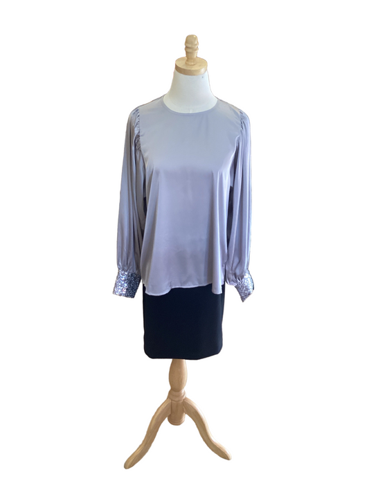 Sequin cuff satin blouse silver