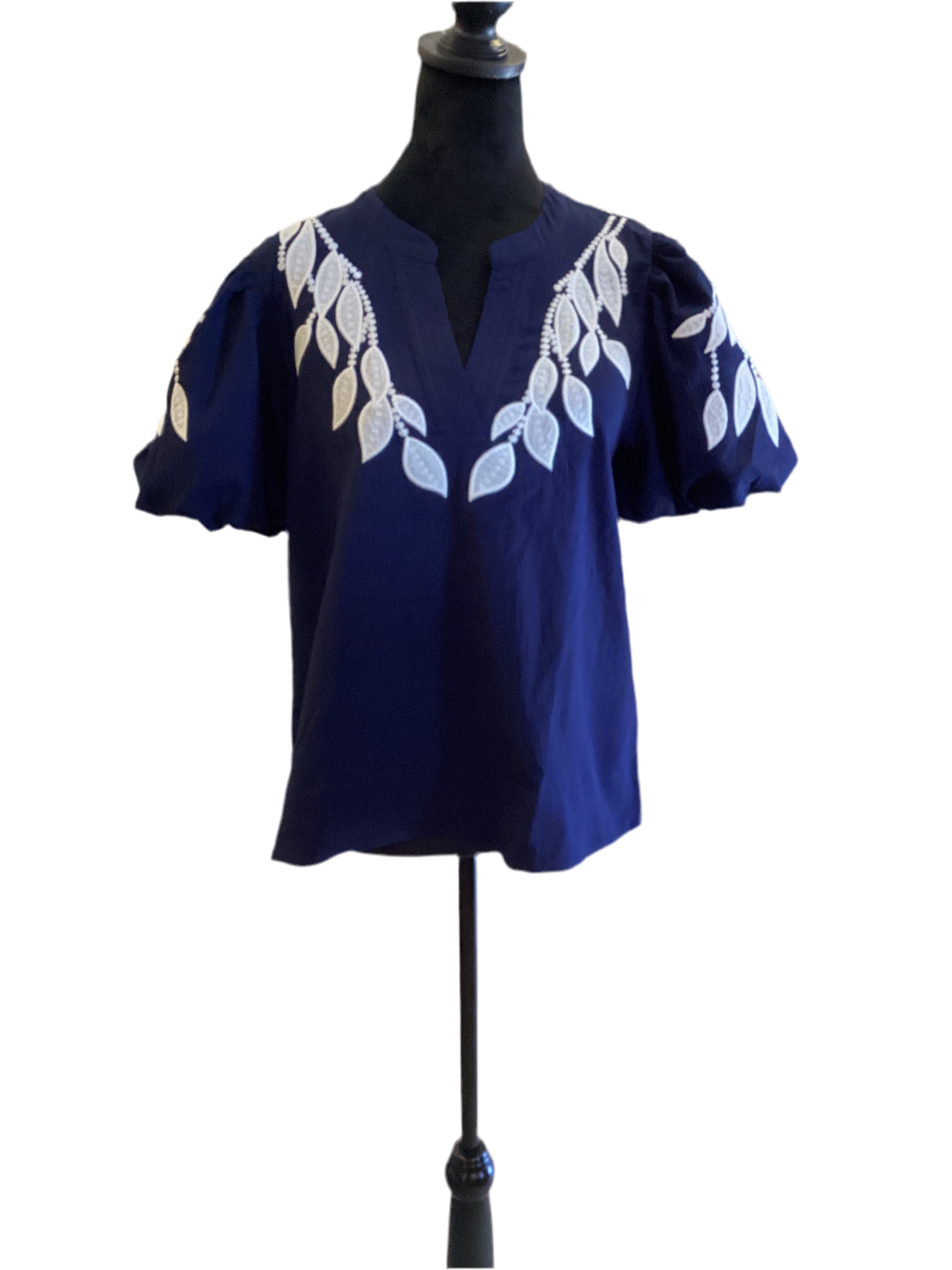 Jodifl Navy puff sleeve top with white flower detail