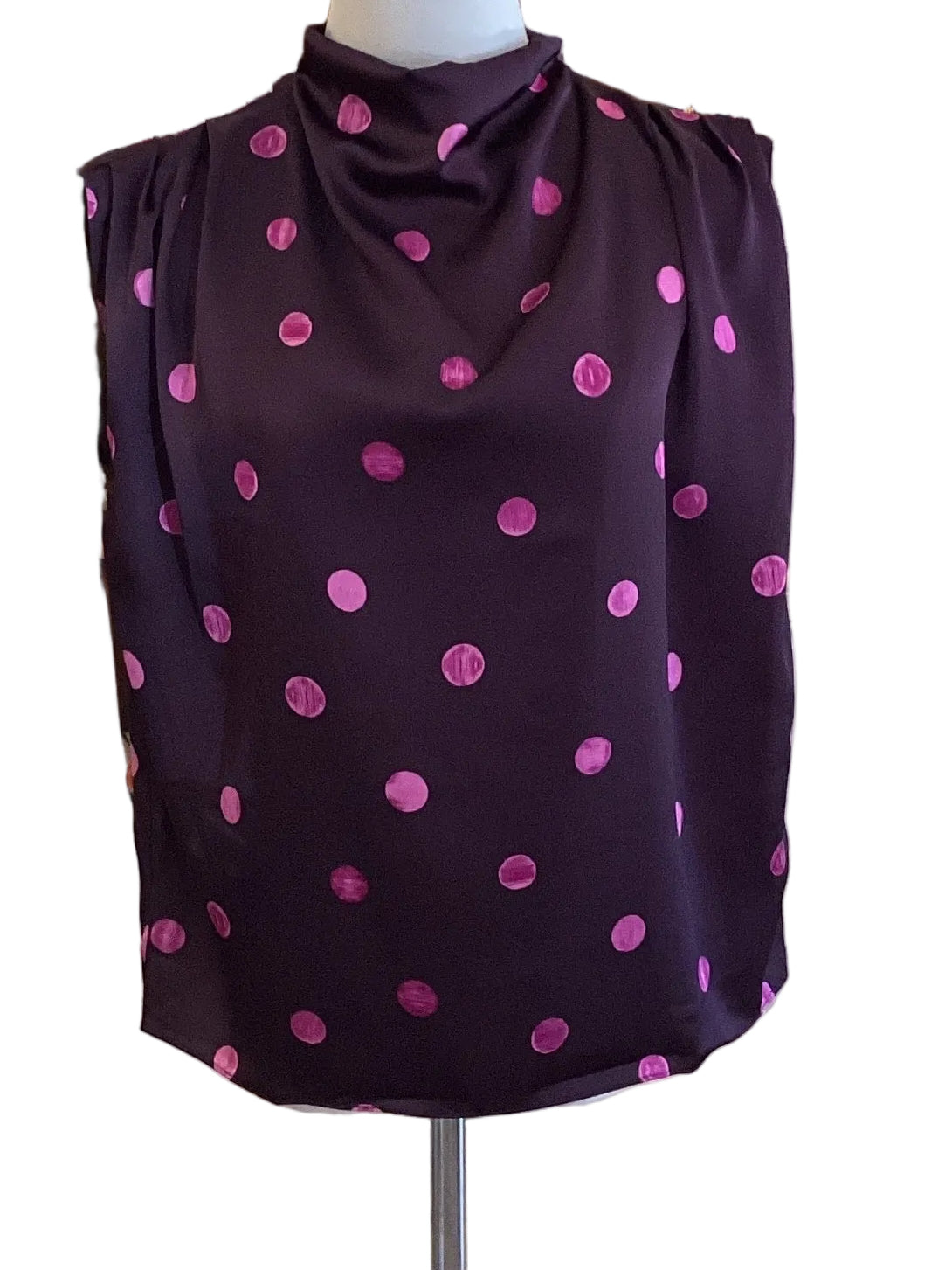Glam Plum cowl mock neck sleeveless polka dot top