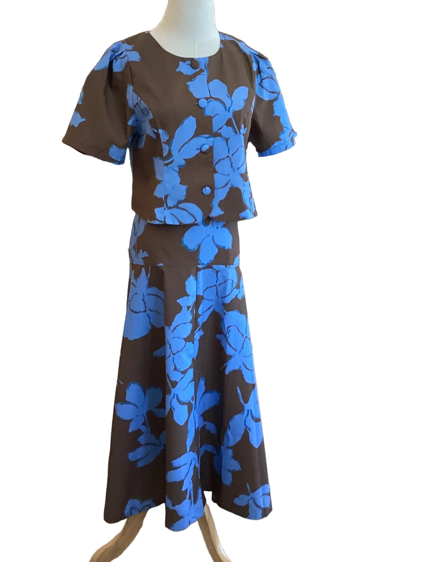 Entro brown and blue flower print side zip flared midi skirt