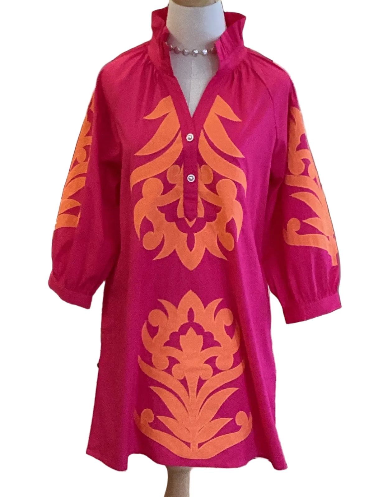 Jodifl Hot Pink and Orange Appliqu Dress with 3/4 Sleeves Medium Jodifl Hot Pink and Orange Appliqu Dress with 3/4 Sleeves Medium