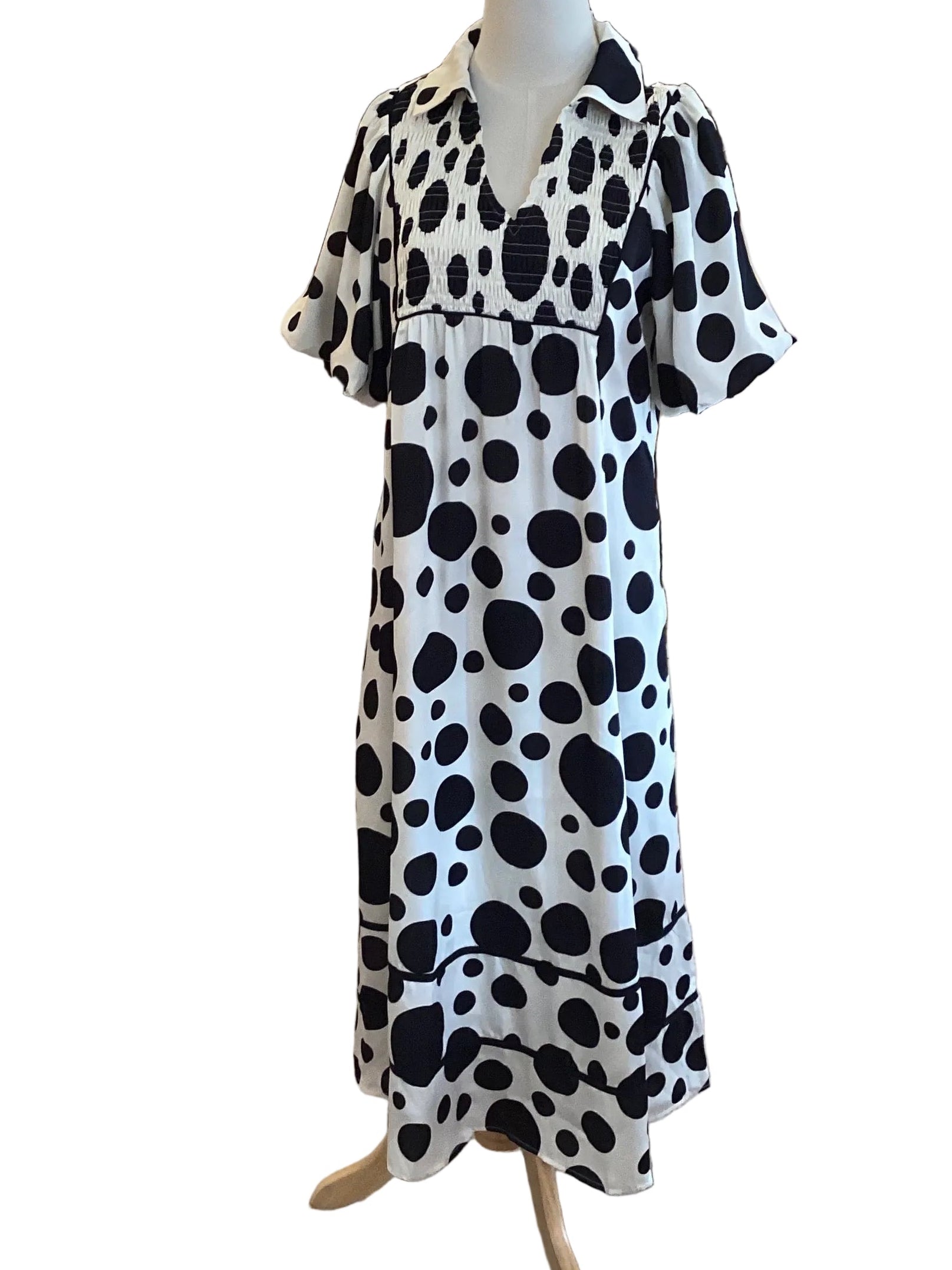 Jodifl ivory maxi with black polka dots,smocked bodice,v neck,puff sleeve and side pockets