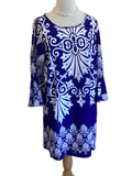 Peach Love Royal Blue & White Print Bell Sleeve Dress