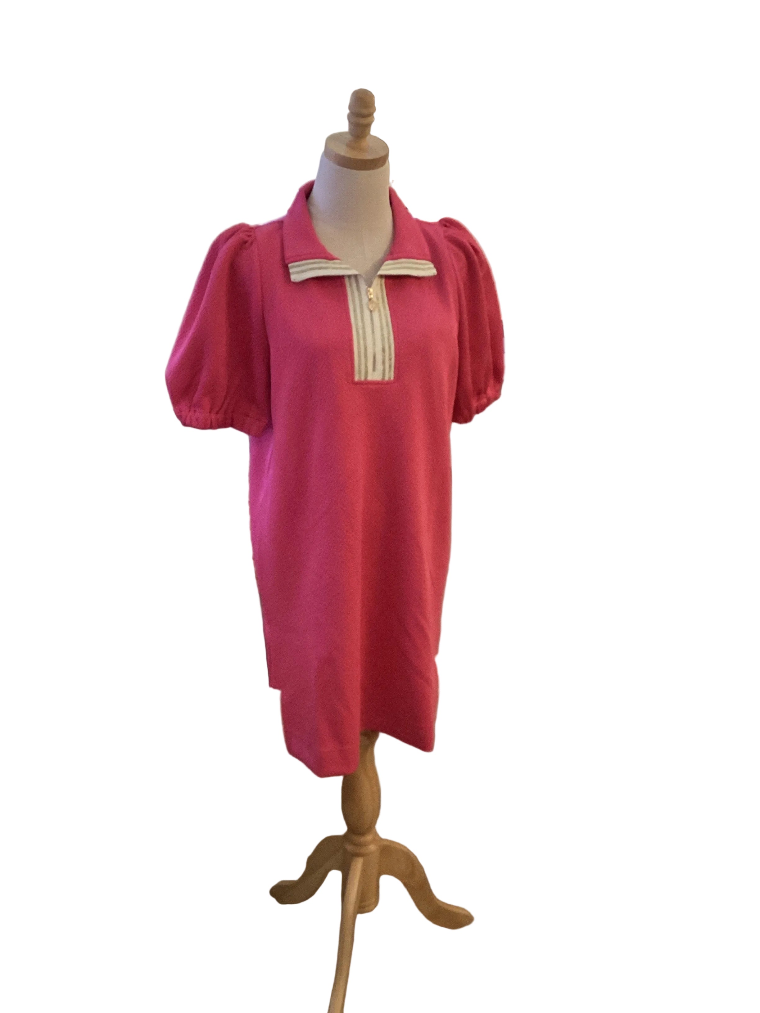 Mary Square pink jacquard fabric dress, half zip gold accent front, puff sleeve