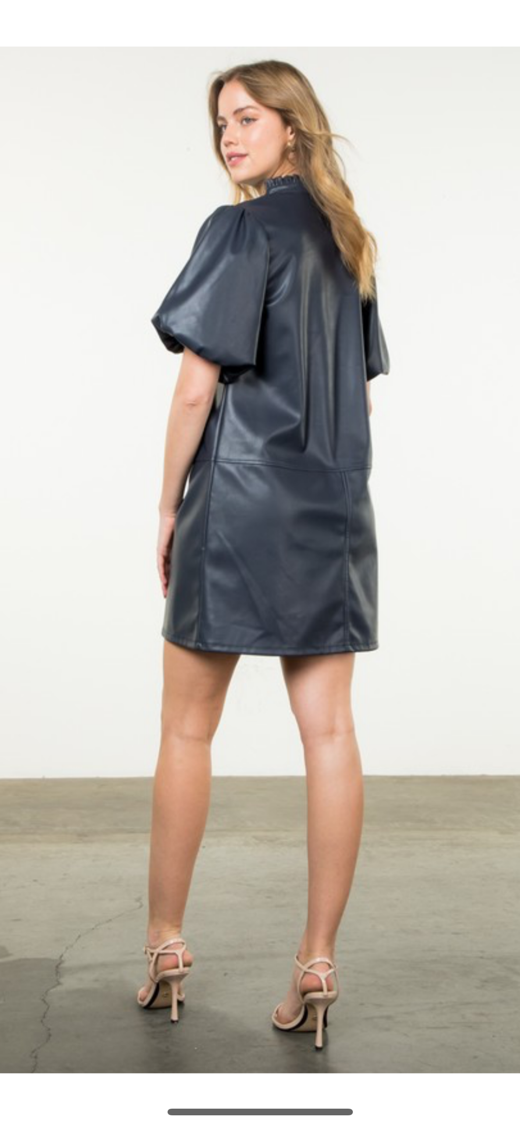 Navy Faux leather puff sleeve dress
