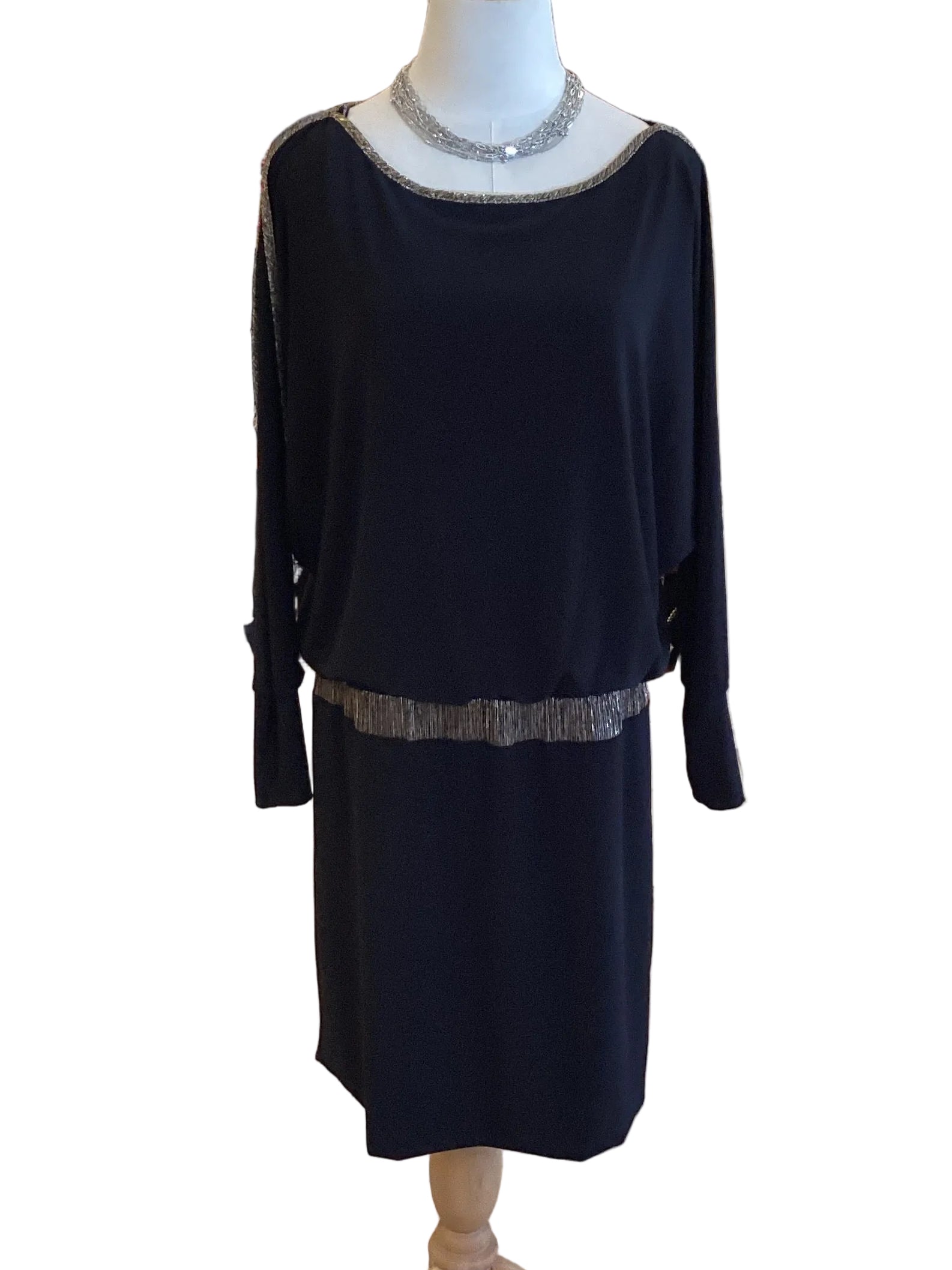 Frank Lyman Black Peek-A-Boo Sleeve Dress with Gold Trim Accent