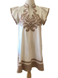 Gigio Oatmeal Linen V-Neck Mini Dress with Embroidered Applique Detail