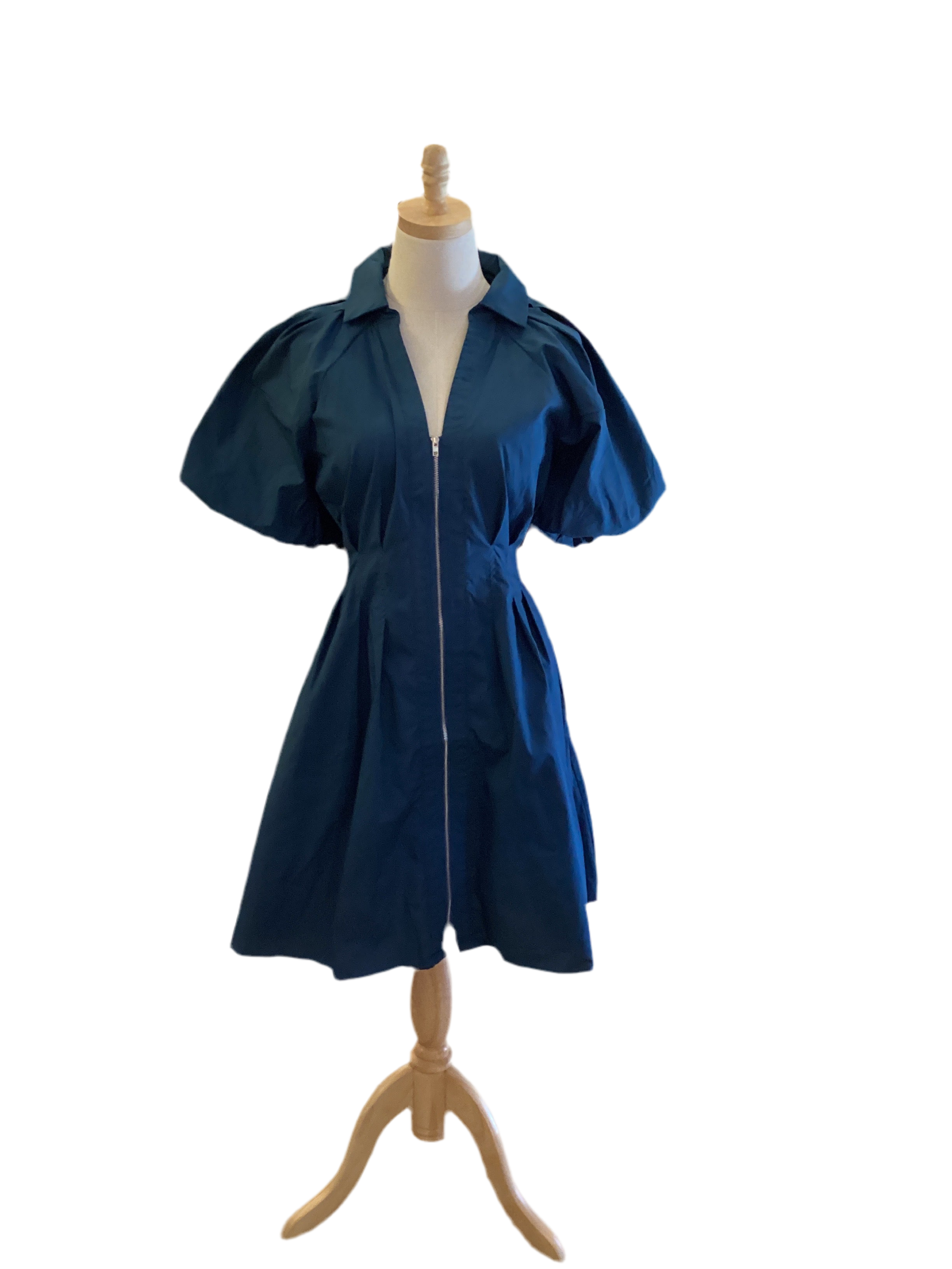 Style U teal bubble sleeve front zip dress