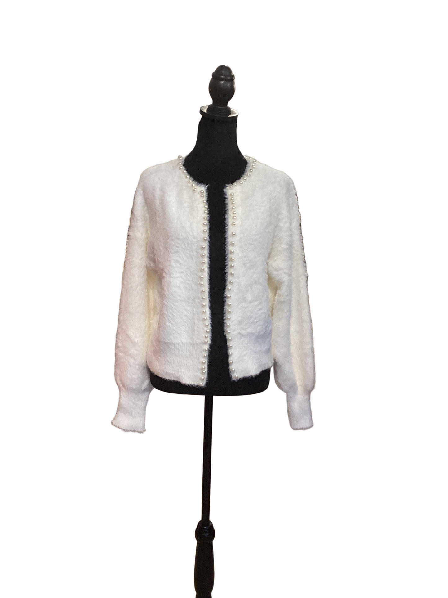 Ivory ultra soft fuzzy sweater with pearl accent