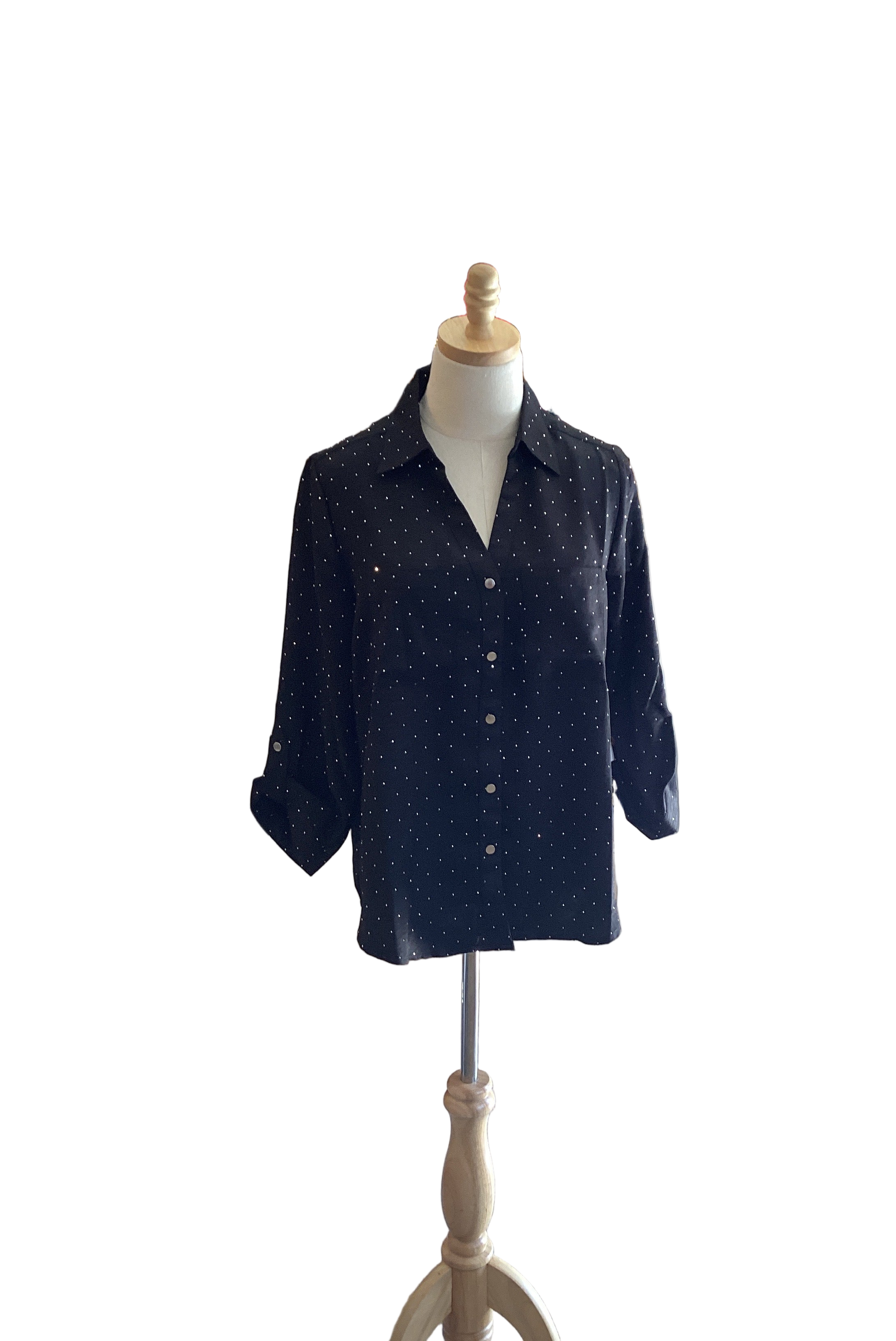 Spin black rhinestone button down top with sleeve tabs