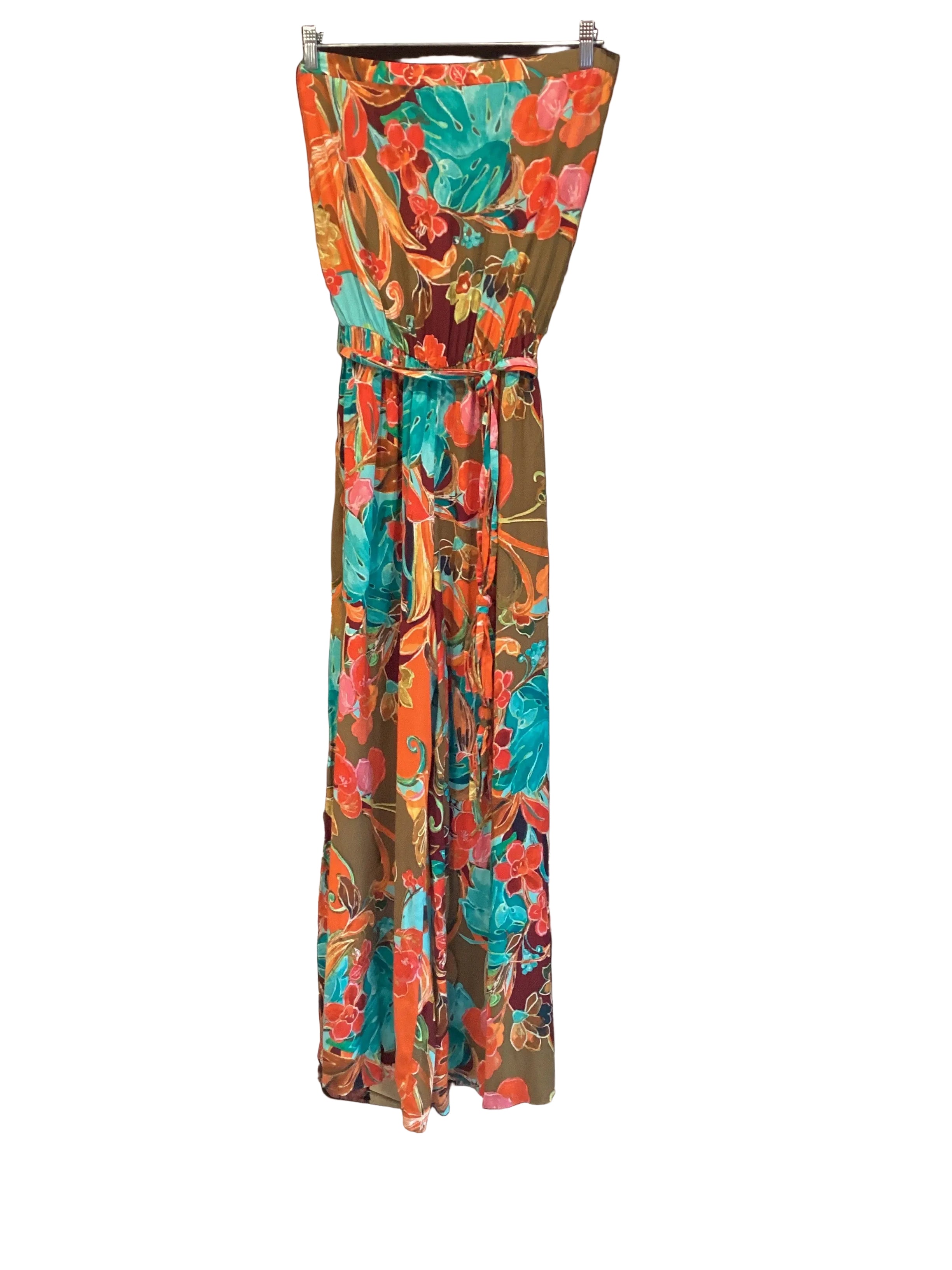 Ivy Street Olive Tropical Strapless Jumpsuit With Tie Waist Casual Summer Outfit