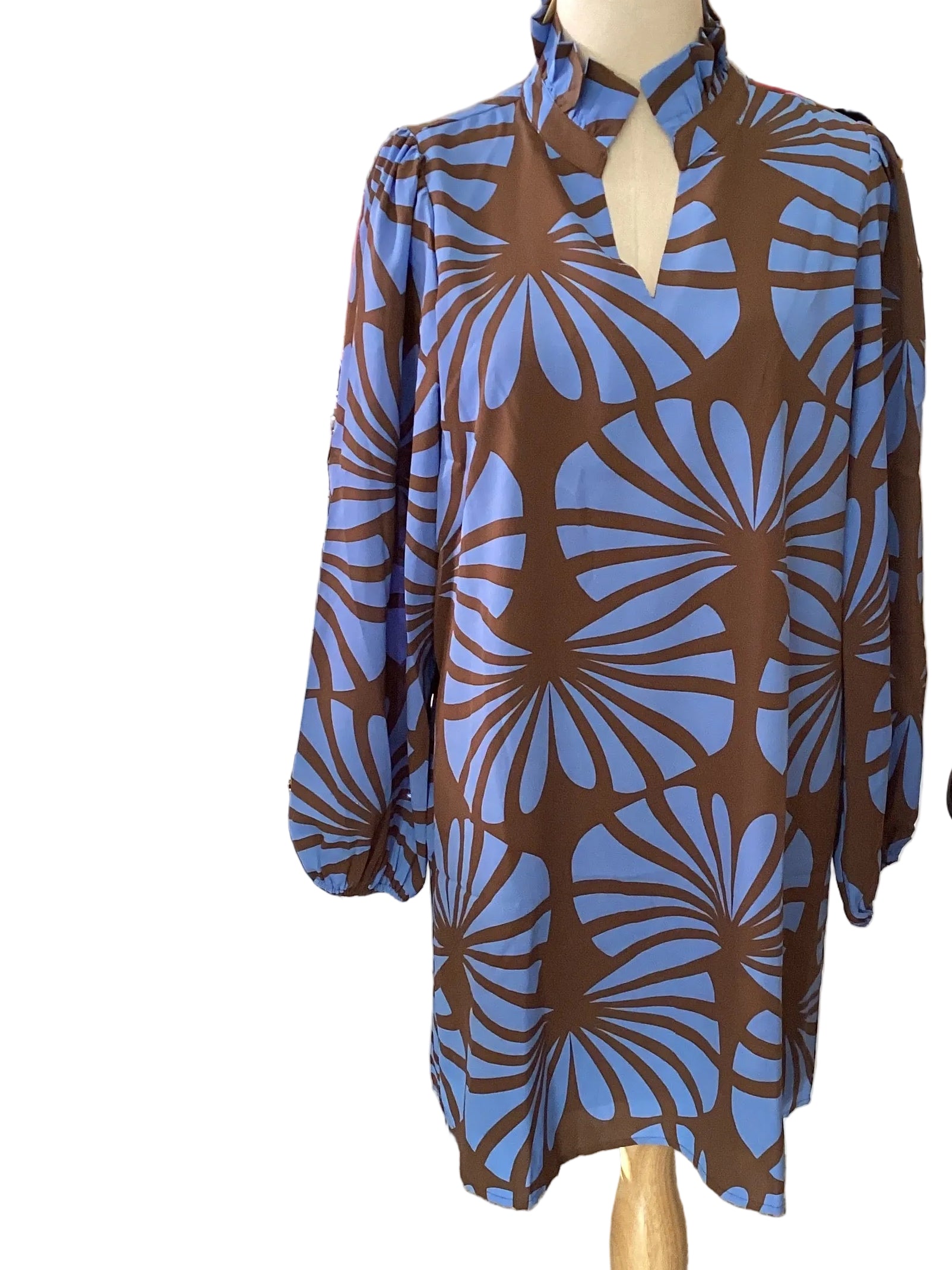 Jodifl brown  / blue ruffle neck puff sleeve dress