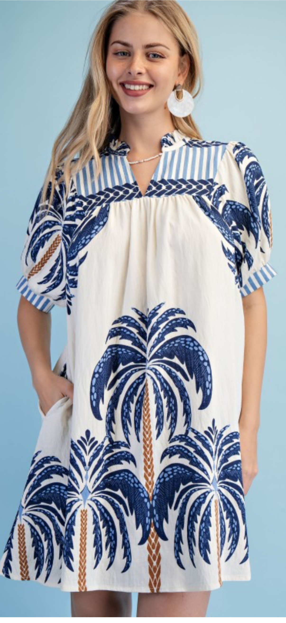 Gigio Palm Tree Print Puff Sleeve Dress Ruffle Collar Lightweight Summer Dress