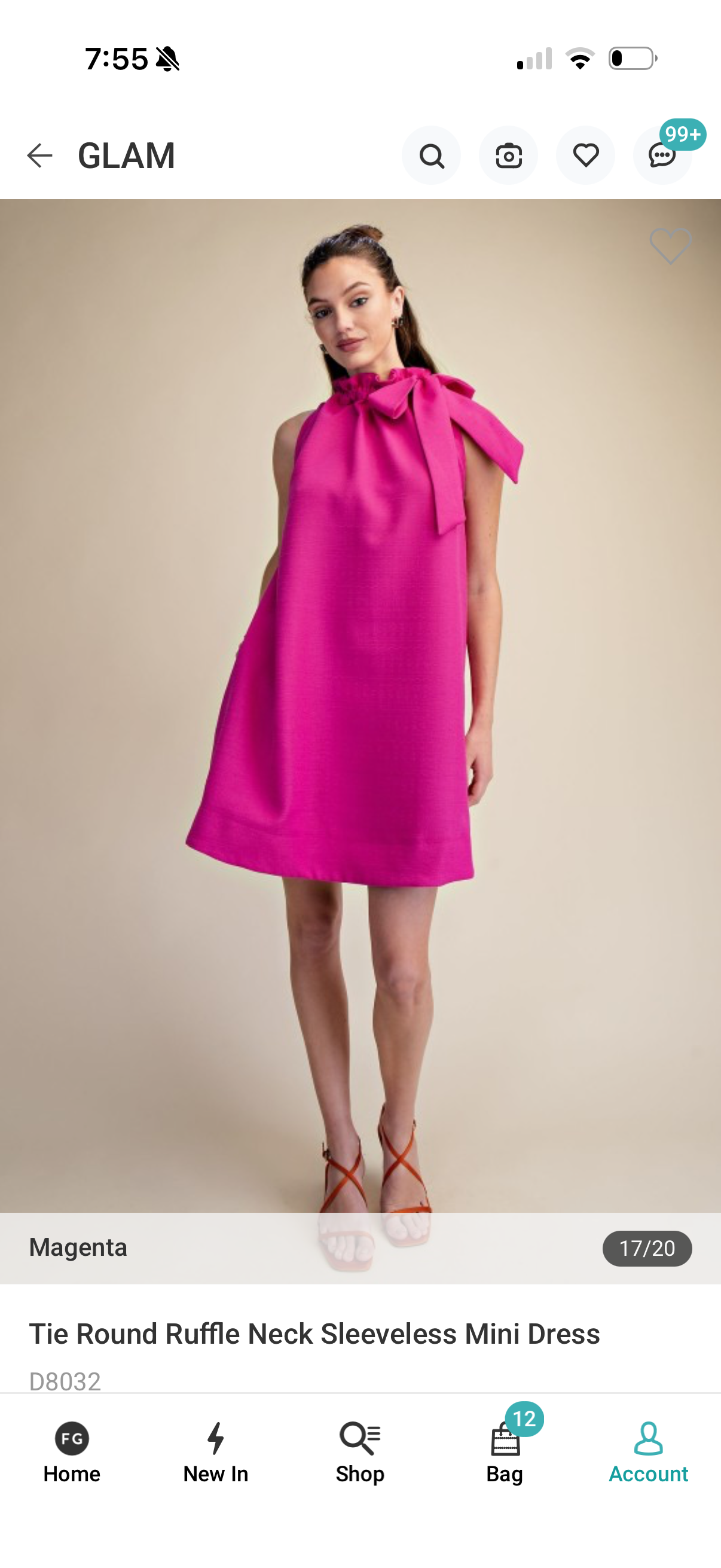 Glam Magenta Tie Round ruffle neck sleeveless mini dress