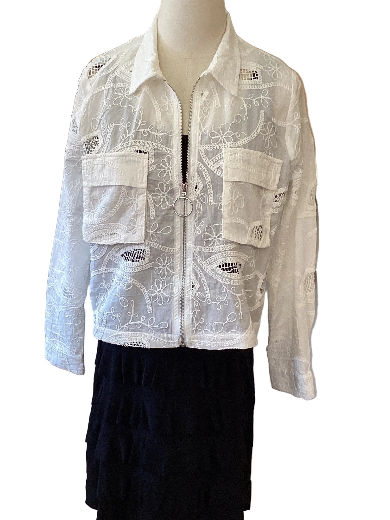 Picadilly white front zip embroidered crop jacket