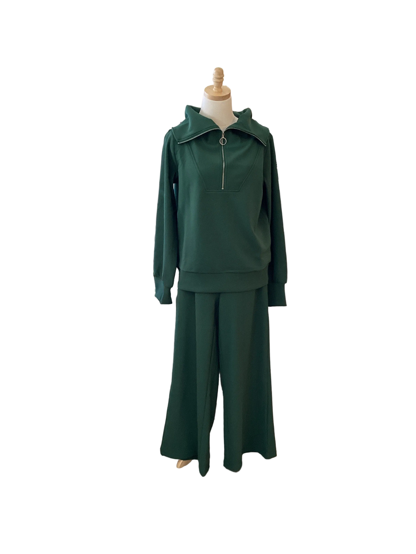 Zenana dark green wide leg pant with quarter zip pull over