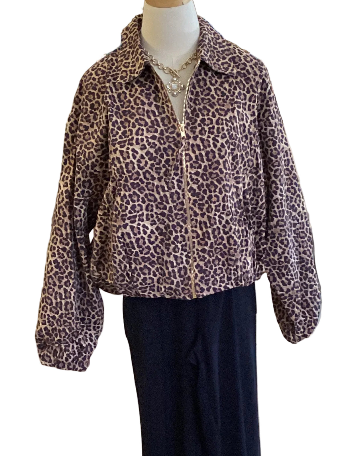 Entro leopard print denim like jacket with elastic hem and cuff, side pockets