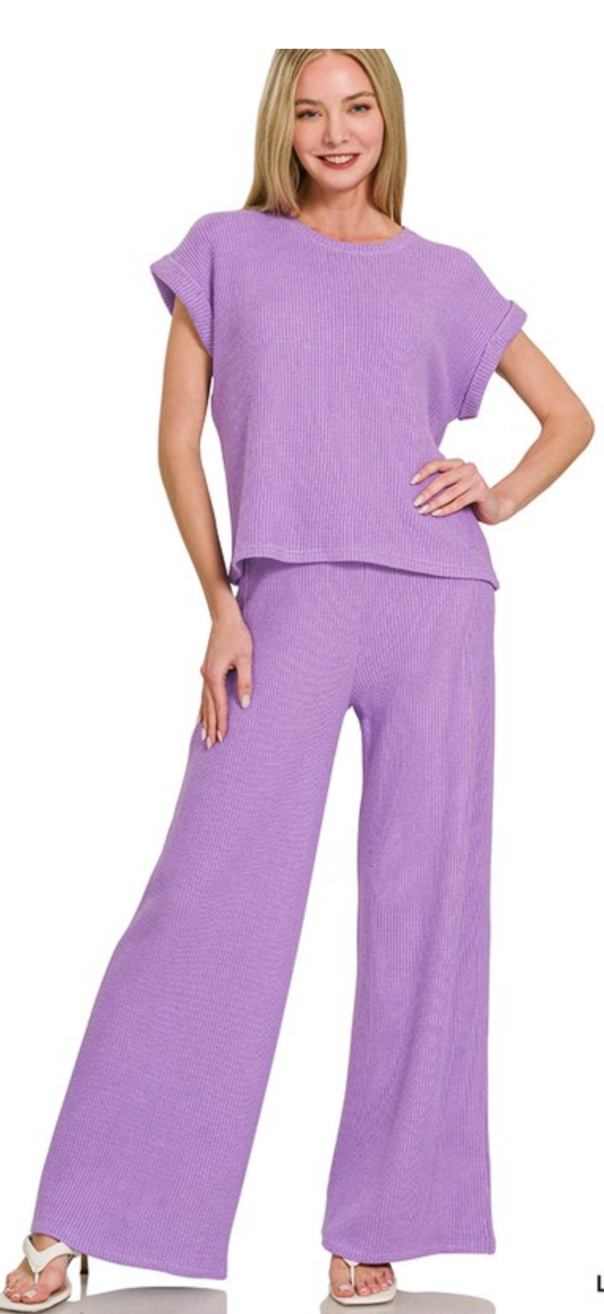 Zenana lavender knit wide leg pant / cap sleeve set