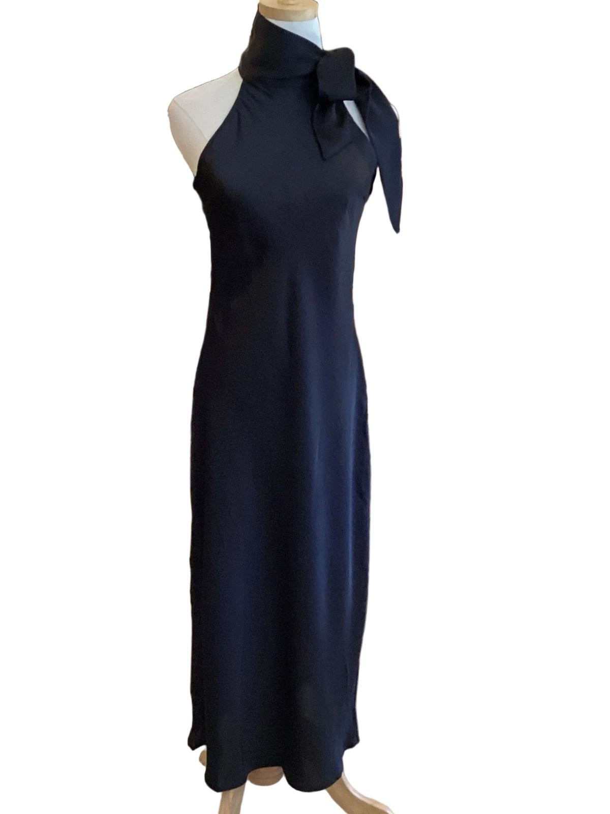 Glam black satin like halter maxi with side tie bow