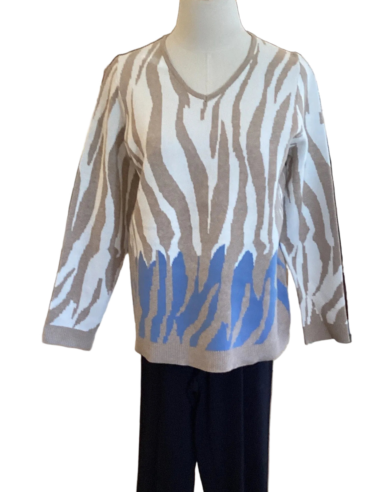 Picadilly cream,tan,blue animal print sweater with scarf
