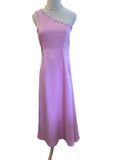 TCEC pink satin like one shoulder dress with button accent