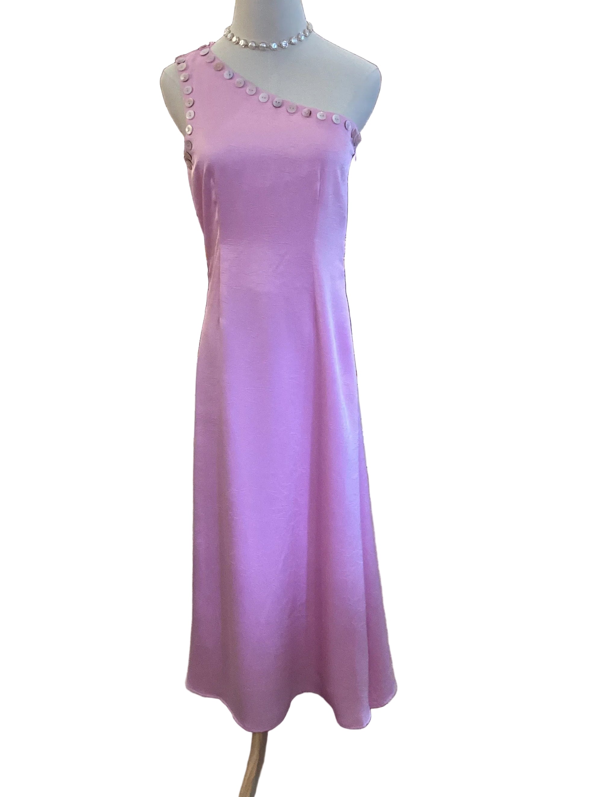 TCEC pink satin like one shoulder dress with button accent