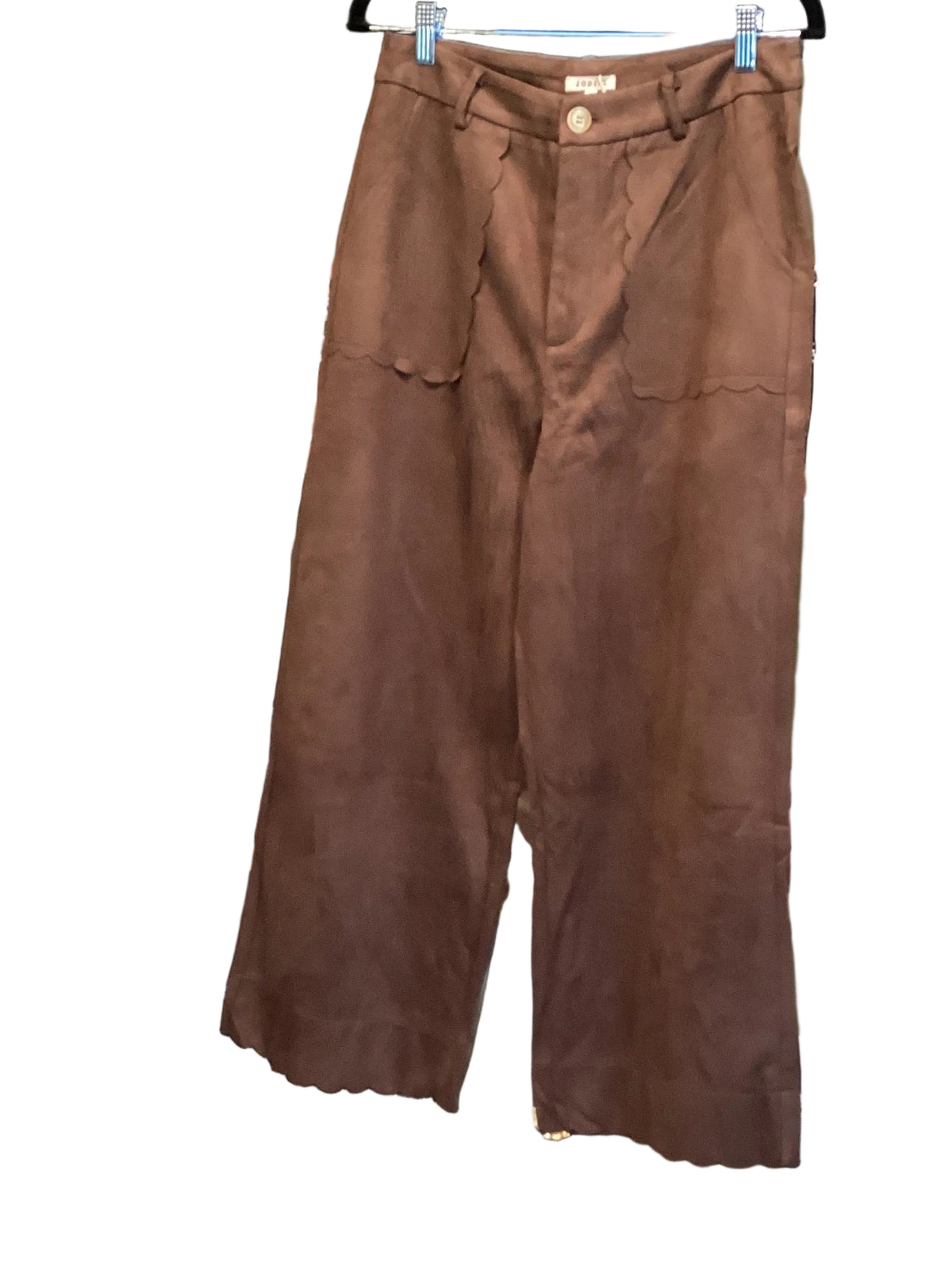 Jodifl brown suede like front zip wide leg pants with scalloped detail