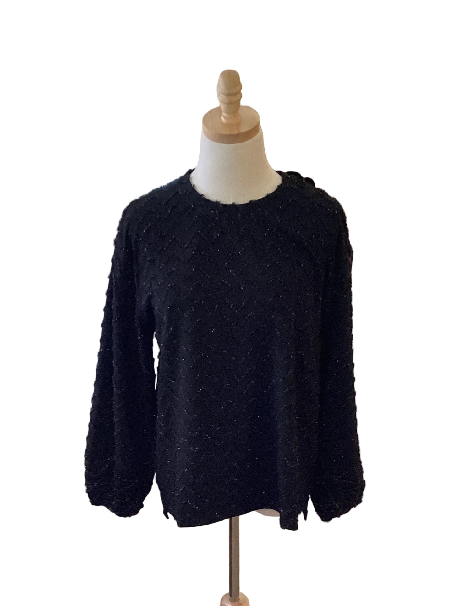 See and Be Seen black shimmer zigzag top with balloon sleeve