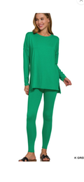 Zenana Kelly Green Long Sleeve Round Neck Lounge Set