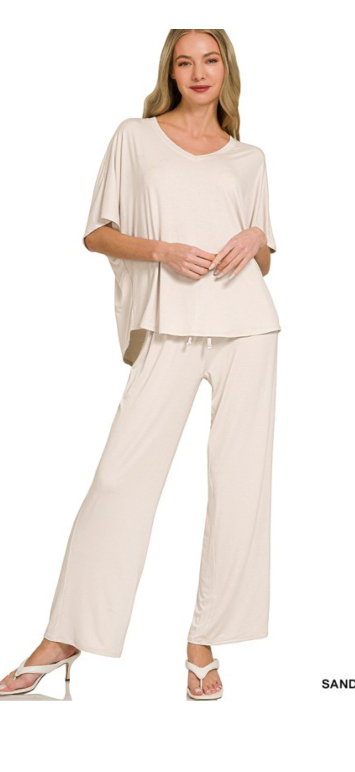 Zenana sand beige wide leg short sleeve lounge set