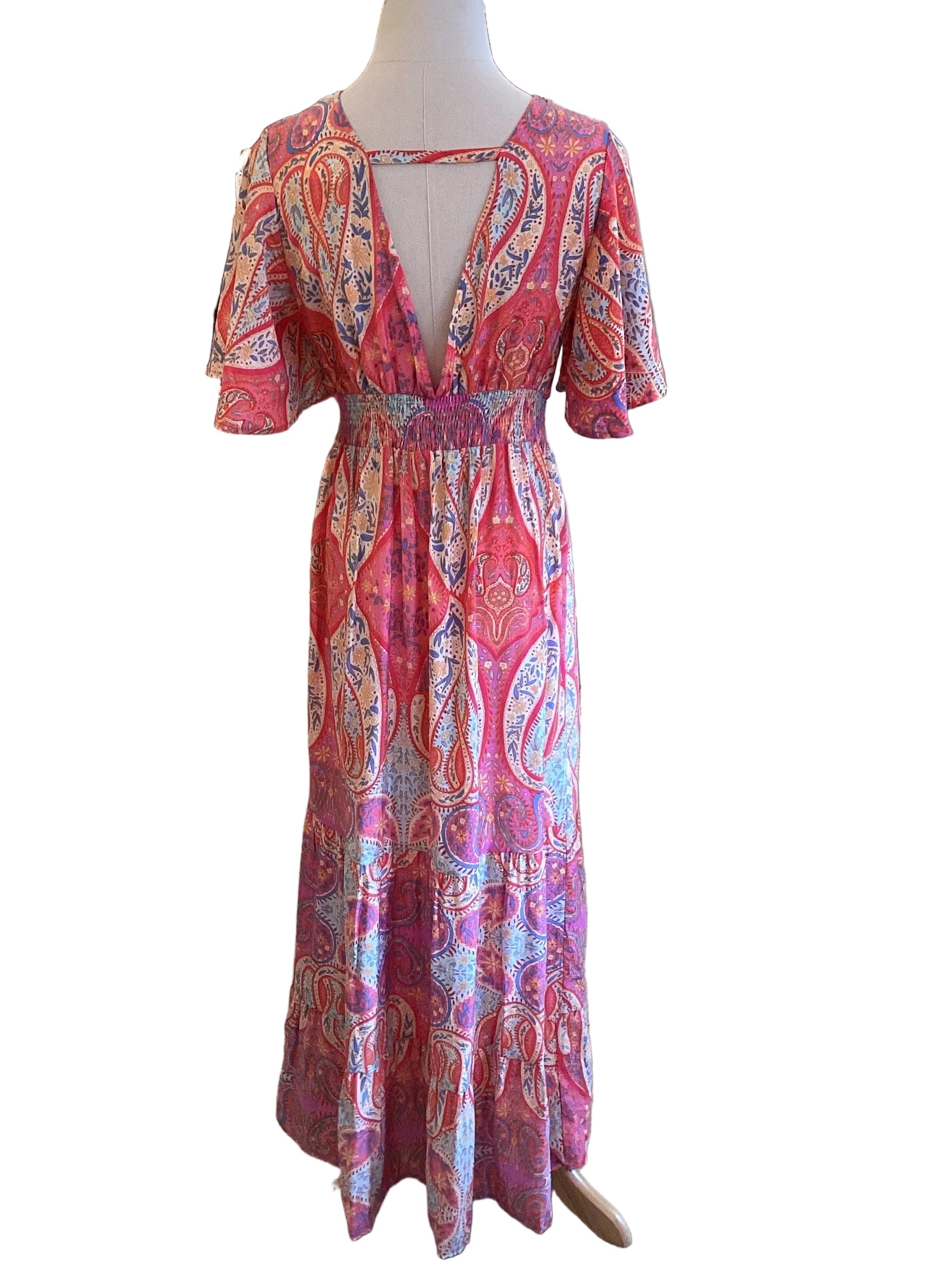 Shewin Multicolor Paisley Print Flutter Sleeve Maxi Dress