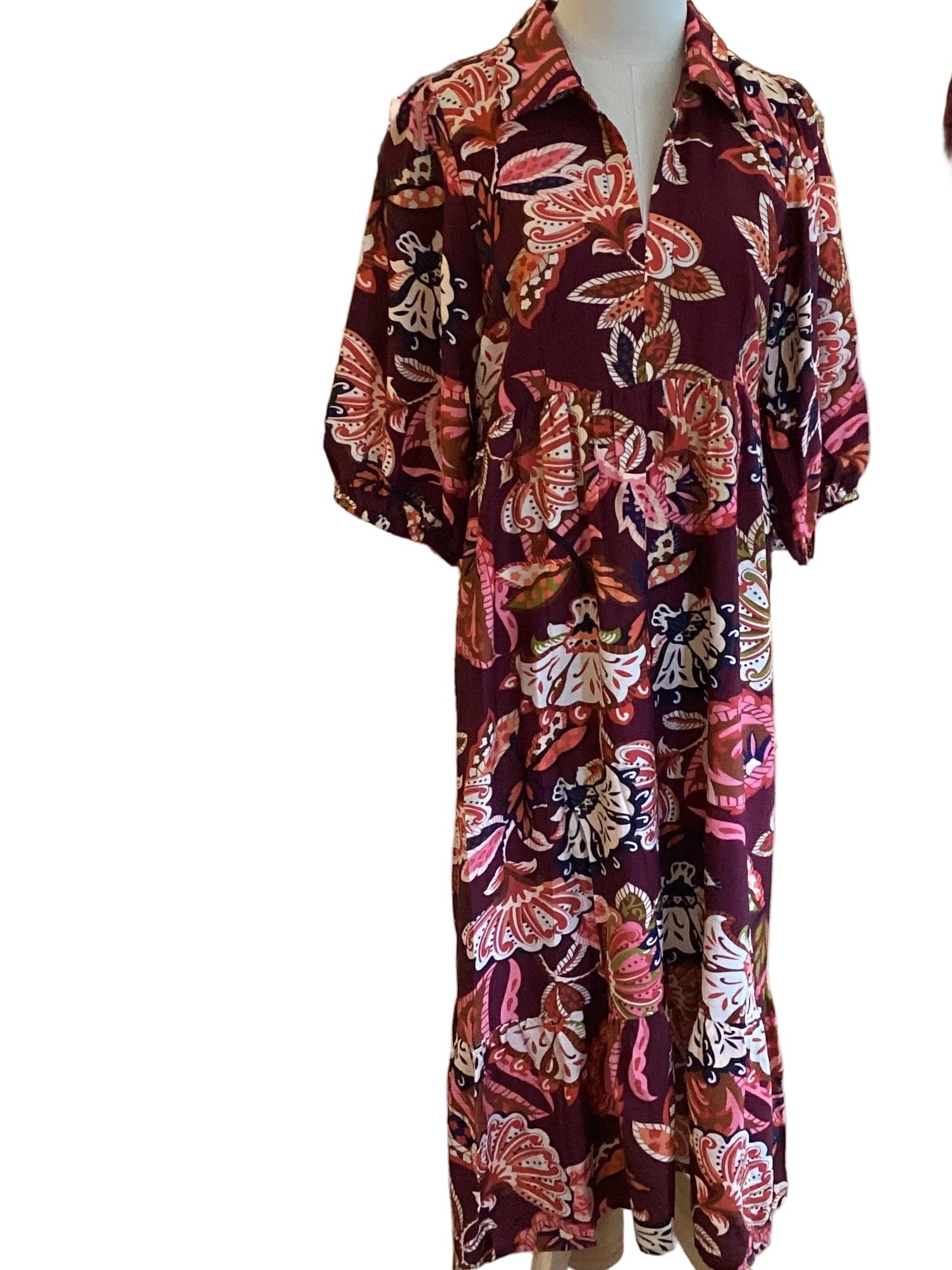 Umgee burgundy printed collared midi dress