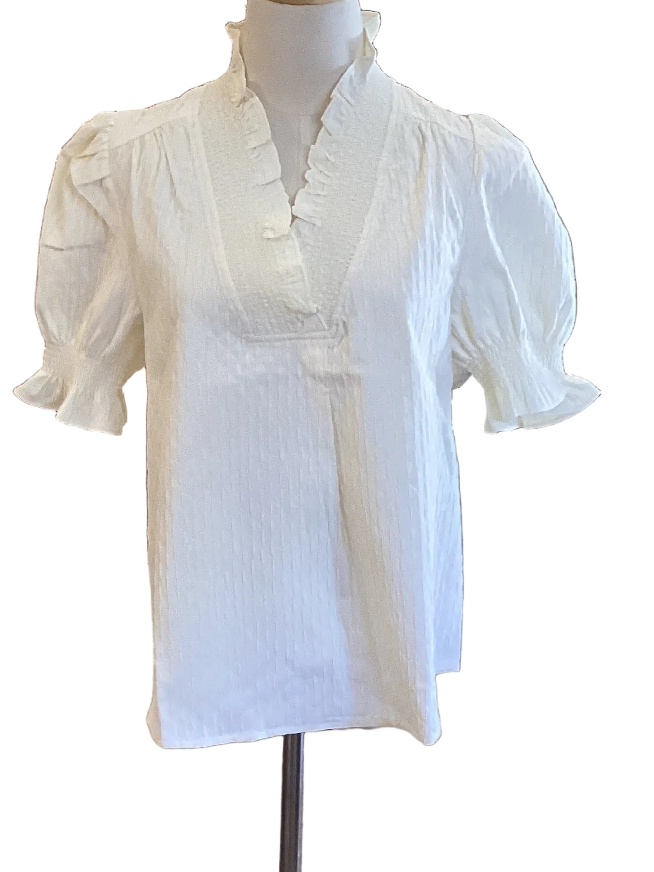 Gigio Cream Textured V-Neck Blouse with Ruffle Collar