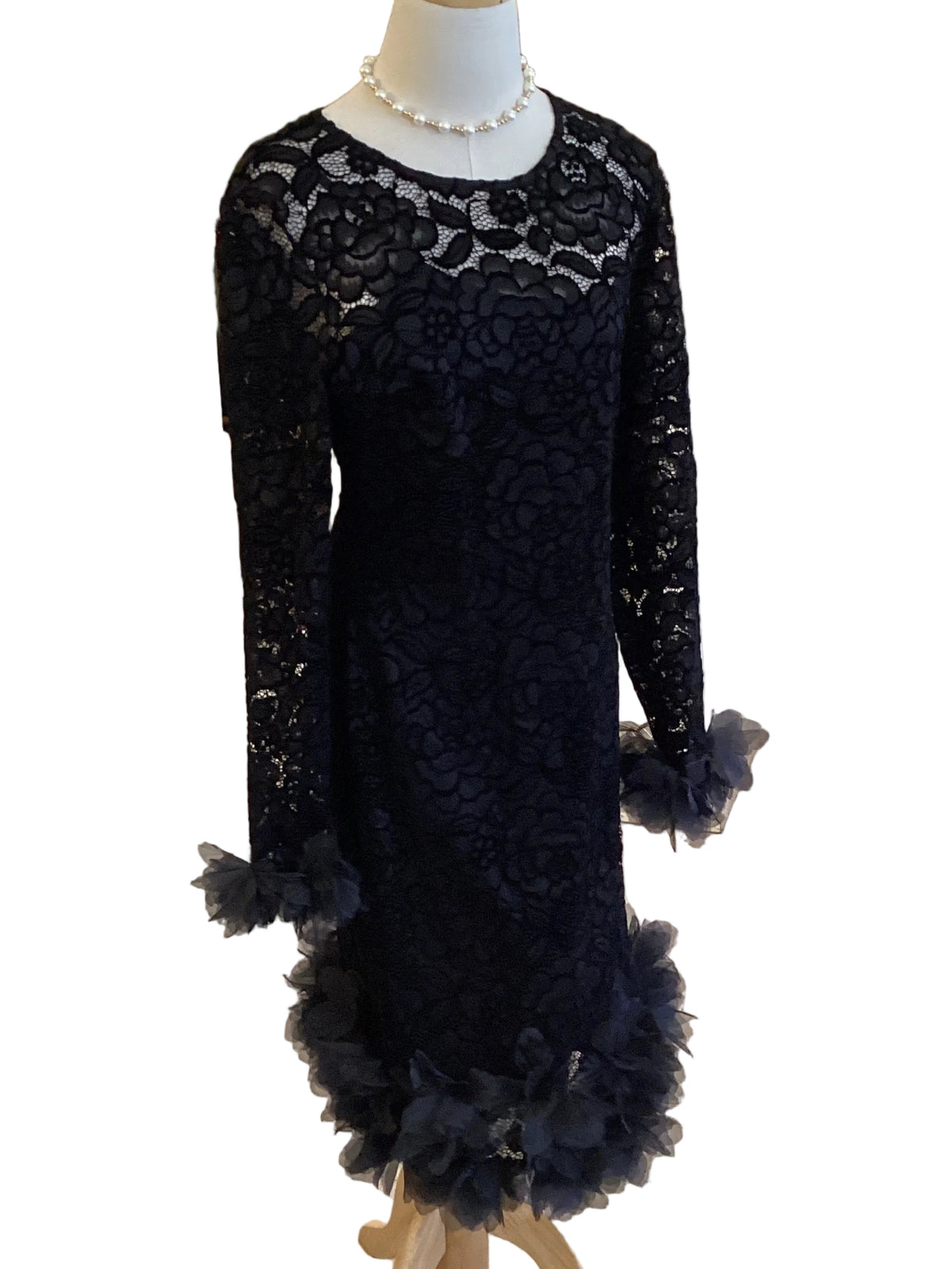Frank Lyman black floral lace dress with ruffle hem and cuffs