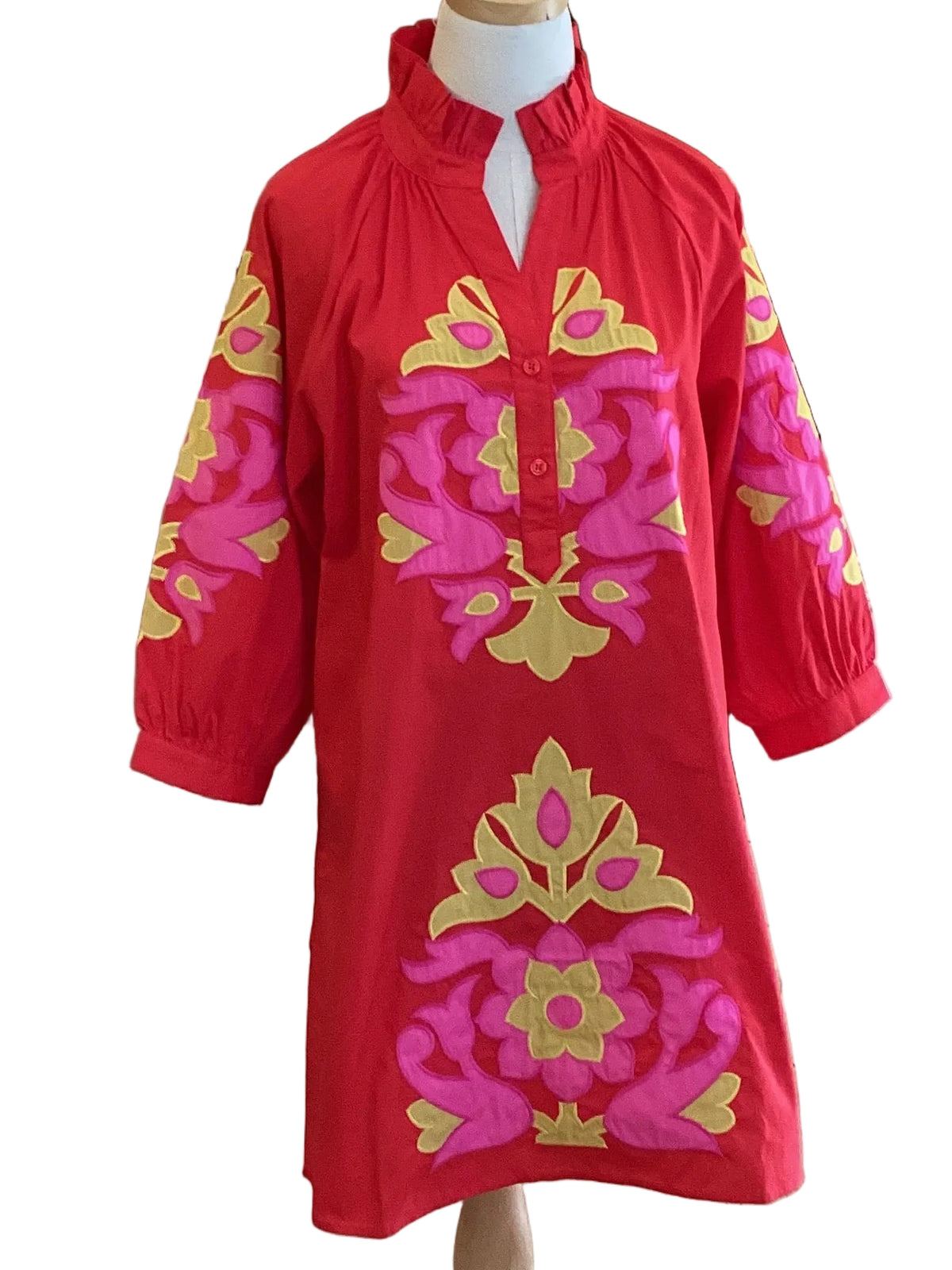 Jodifl long sleeve red dress with pink/yellow applique