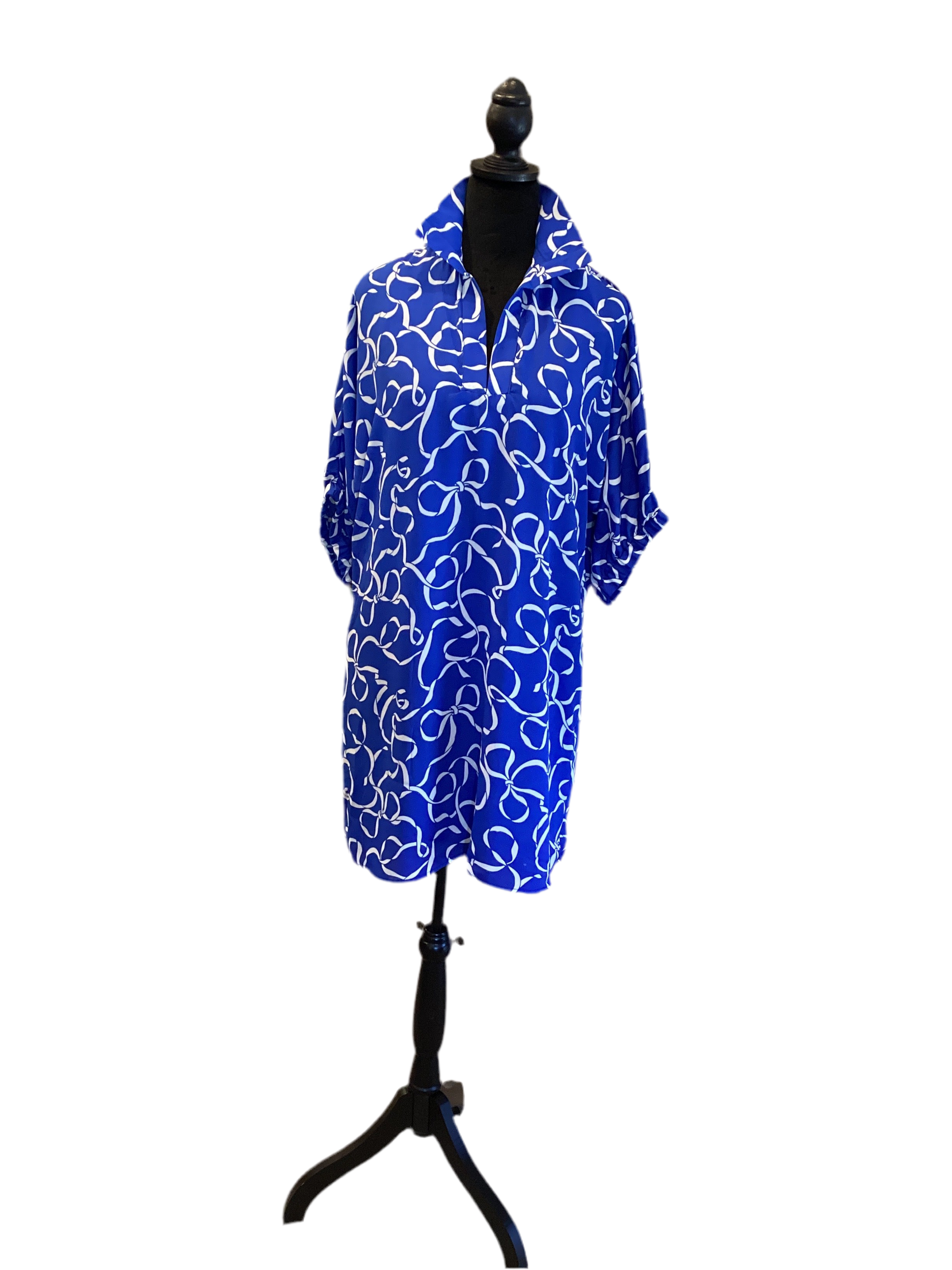 Adrienne stand up collar drop shoulder royal blue bows dress