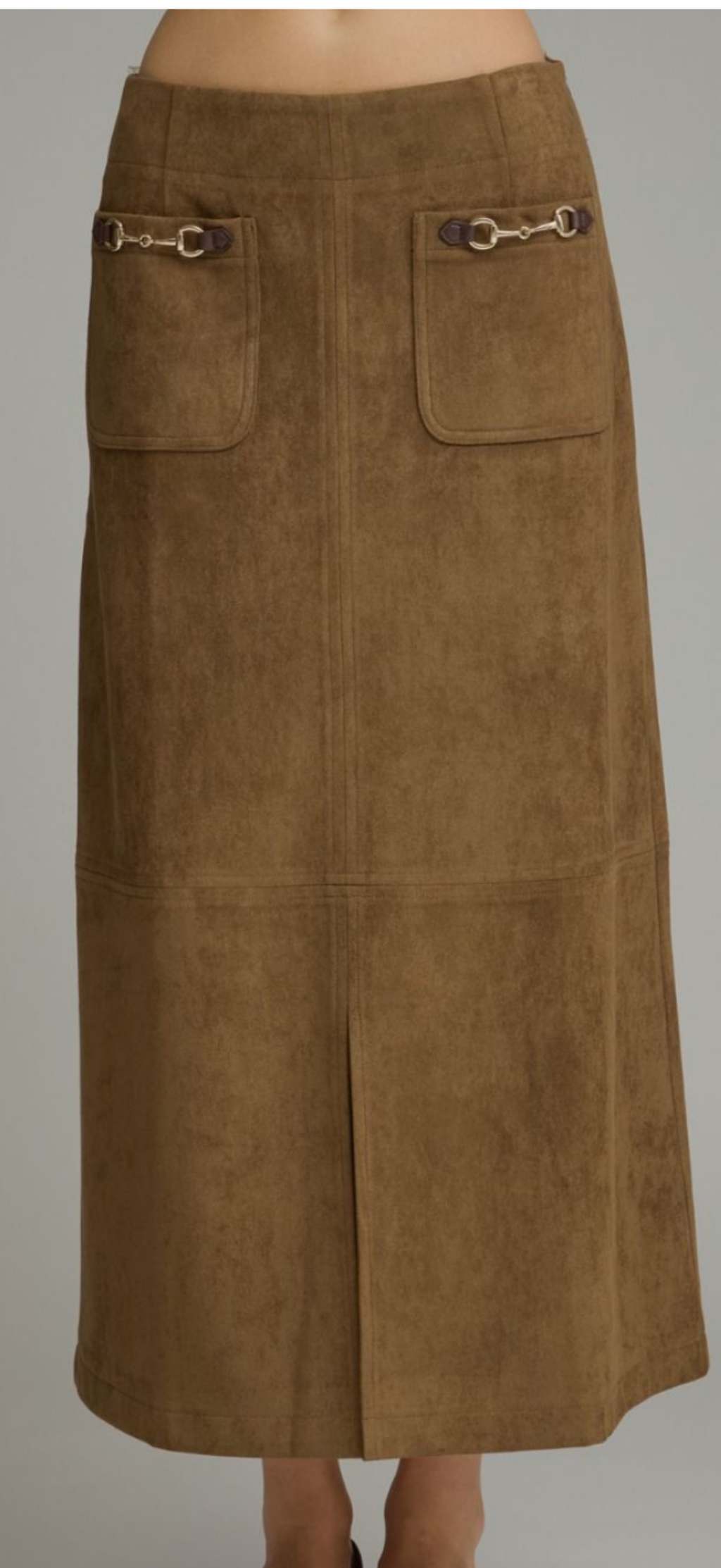 Entro brown suede like maxi skirt with front slit and front pockets with buckle accent