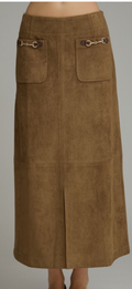 Entro brown suede like maxi skirt with front slit and front pockets with buckle accent