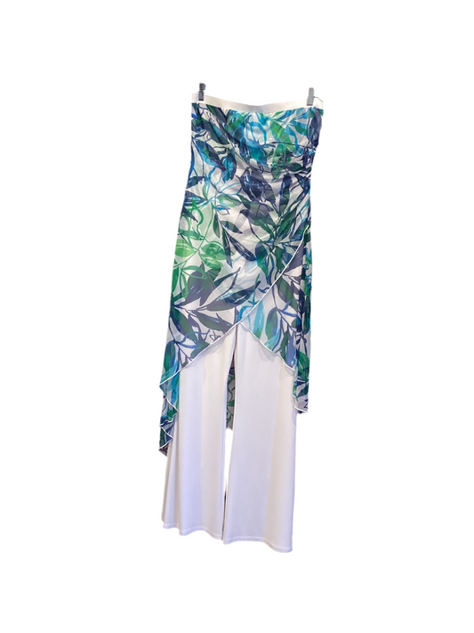 Joseph Ribkoff strapless white jumpsuit with tropical mesh overlay