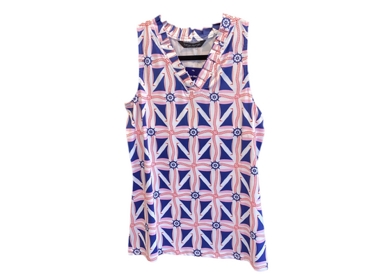 Aryeh nautical print sleeveless ruffle neck top