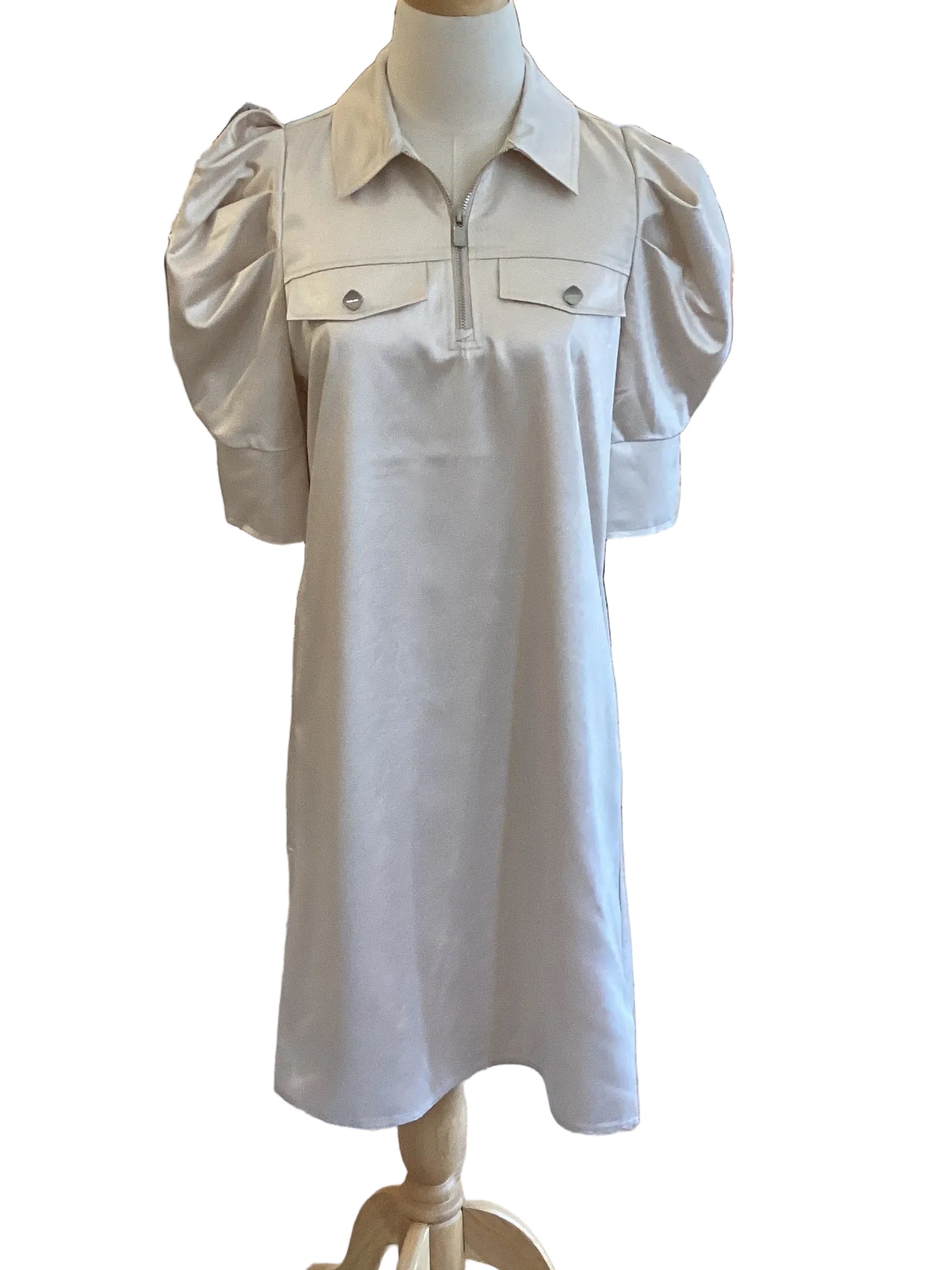 Lior champagne half zip satin like dress with puff sleeve & double pockets